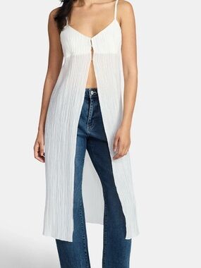Flowy Split Cami White Maxi Tank Pleated Crop top Beach Cover Up Overlay L